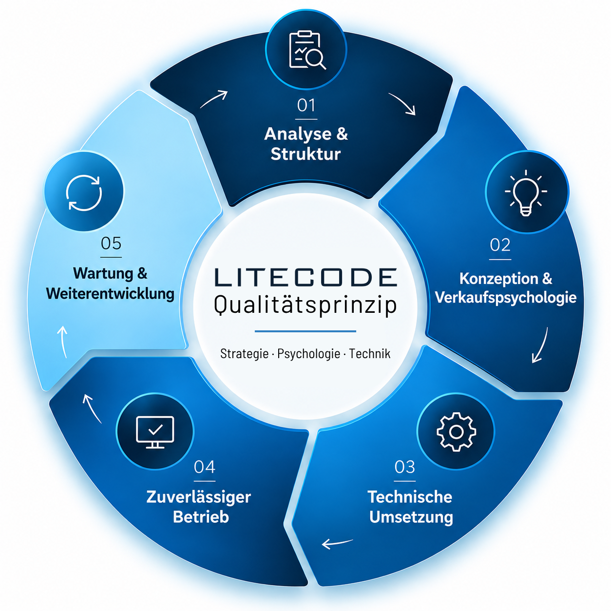 Litecode Qualitätsprinzip Grafik Infografik zum Litecode Qualitätsprinzip mit 5 Schritten.