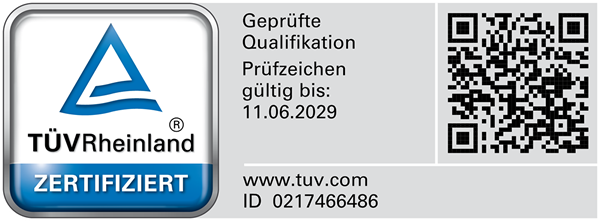 TÜV Rheinland Logo mit TÜV Rheinland Zertifikat und QR-Code.